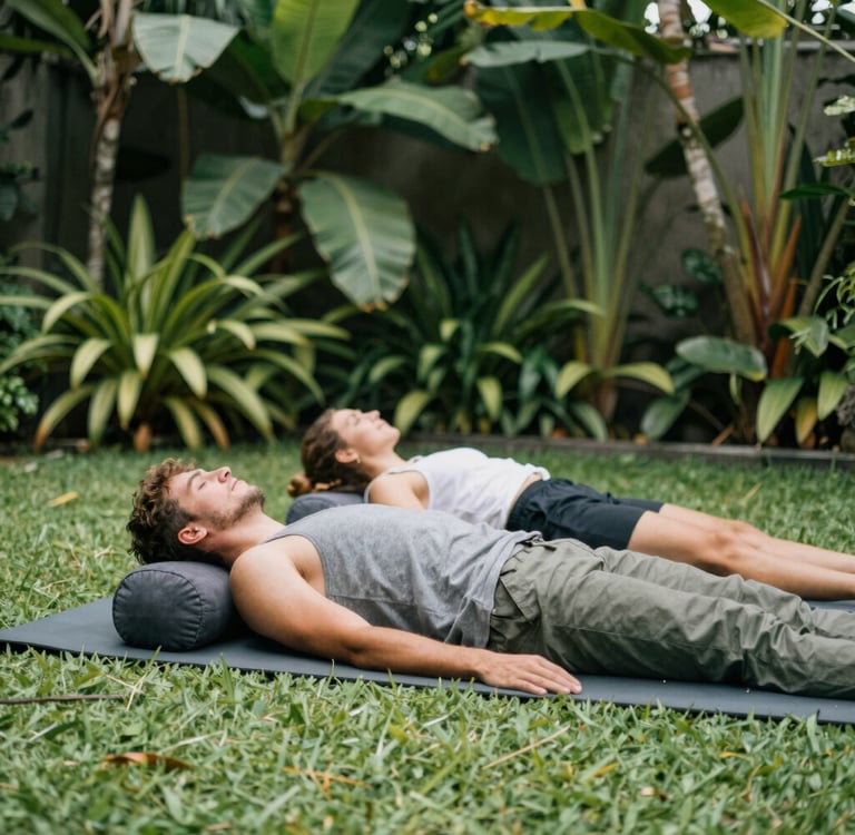 A man and woman practicing restorative yoga on mats with bolsters in a lush tropical garden.