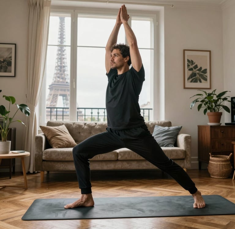 A man practicing yoga in a warrior pose inside a Parisian apartment with Eiffel Tower views.