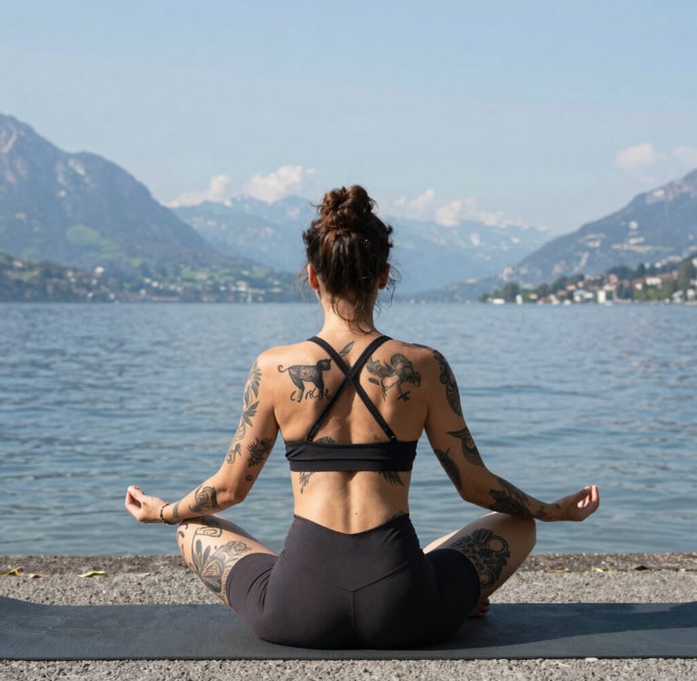 Tattooed woman practicing yoga in a seated lotus pose by a scenic lake and mountains.