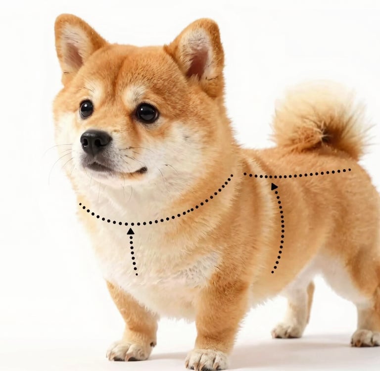 Un cachorro de Shiba Inu adorable con líneas punteadas que muestran cómo medir a un perro para un arnés o un collar.
