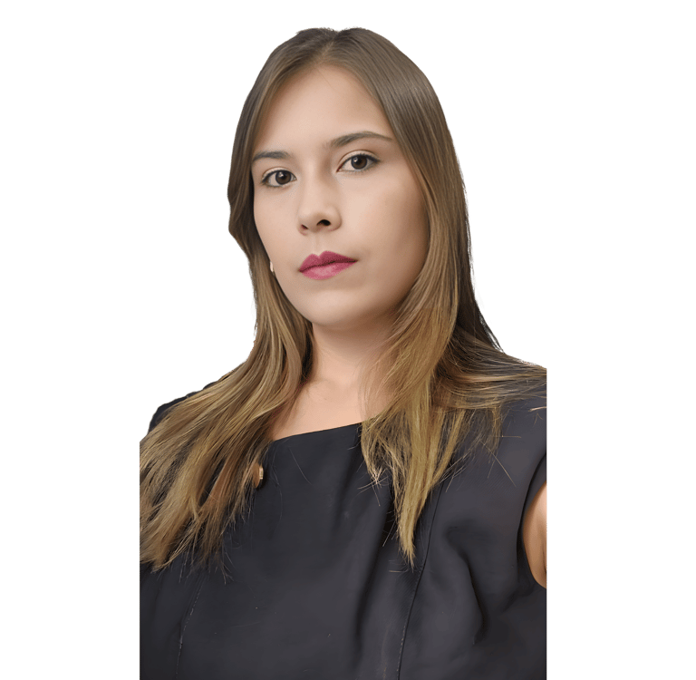 Professional headshot of a woman with long brown hair wearing a black blouse against a dark background.