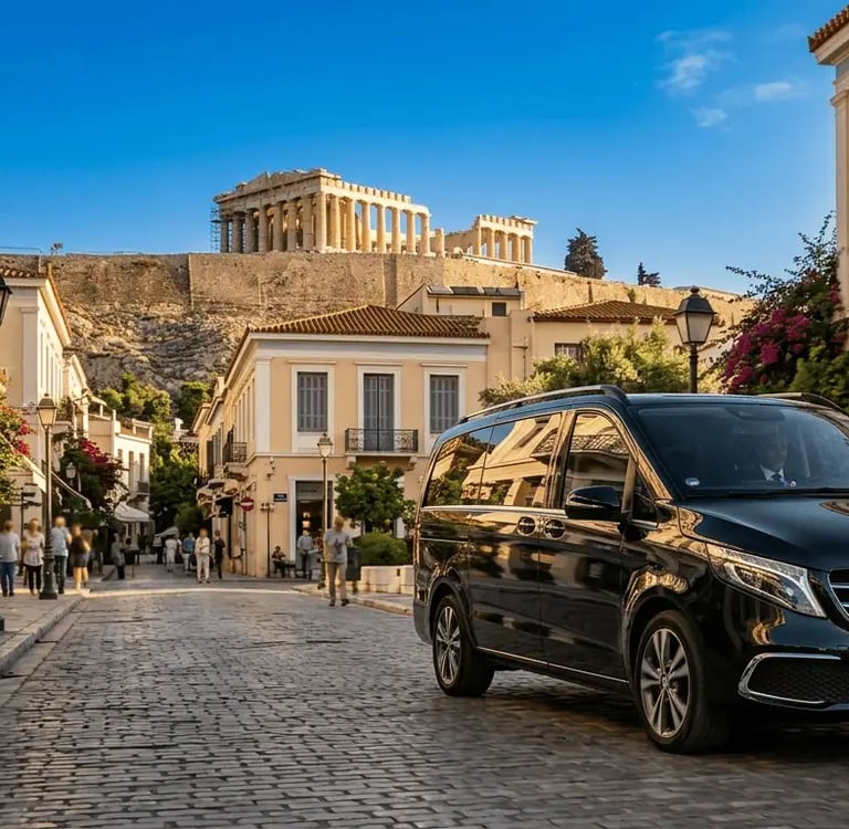private Athens transfers Black Mercedes-Benz Vito minivan parked near Acropolis on elegant traditional street Athens GO