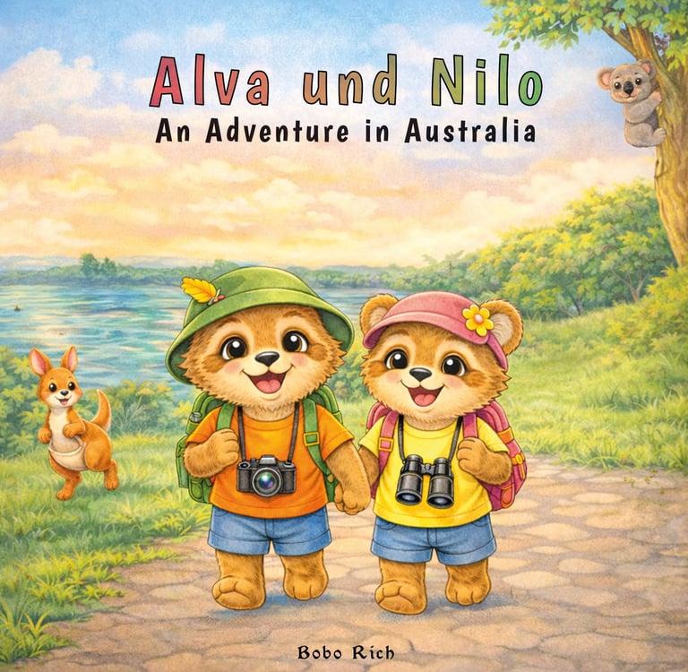 Book cover of Alva and Nilo An Adventure in Australia: Alva and Nilo walking hand in hand.