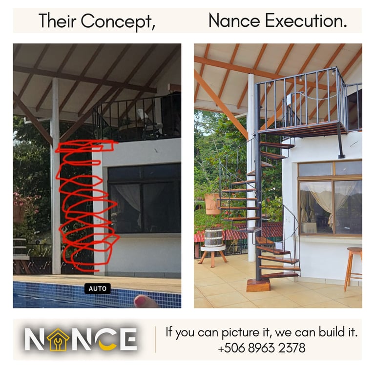before and after image of drawn spiral staircase and the final product of wood and steel
