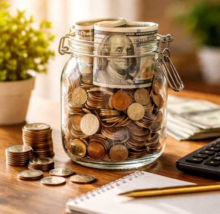 Glass savings jar filled with coins and rolled dollar bills on a desk for financial planning.