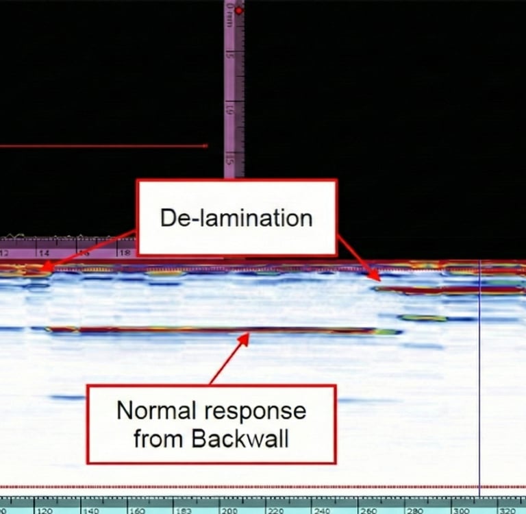 Ultrasonic results showing delamination in solid carbon fibre laminate