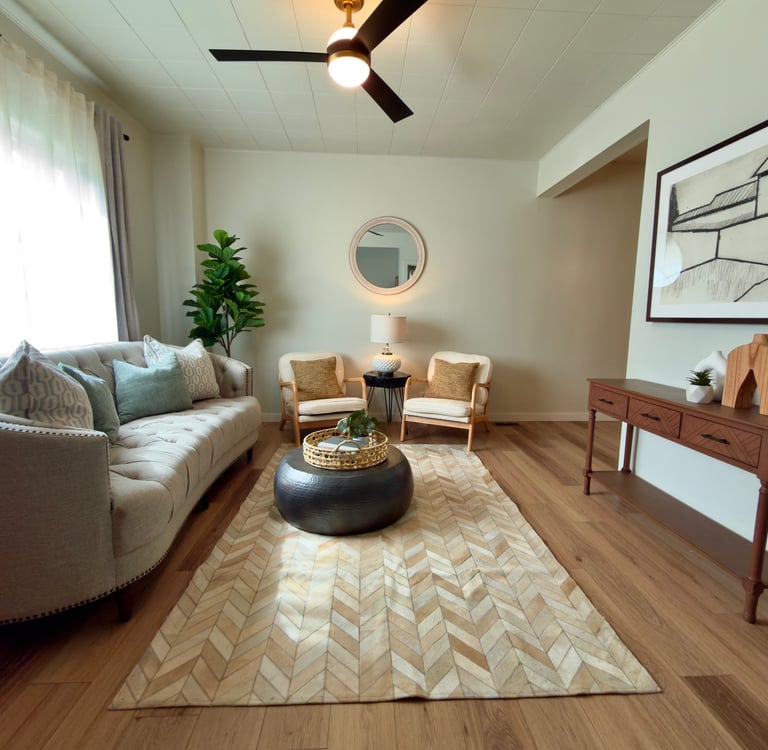 staged Modern mid-century living room in Ohio with neutral decor 