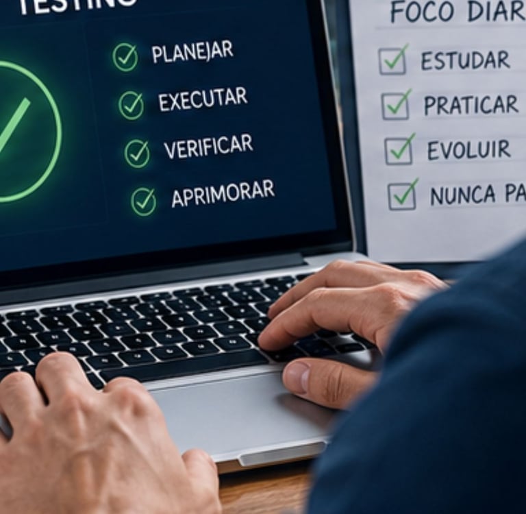 Imagem apresenta um ambiente de trabalho com notebook, checklist de testes de software