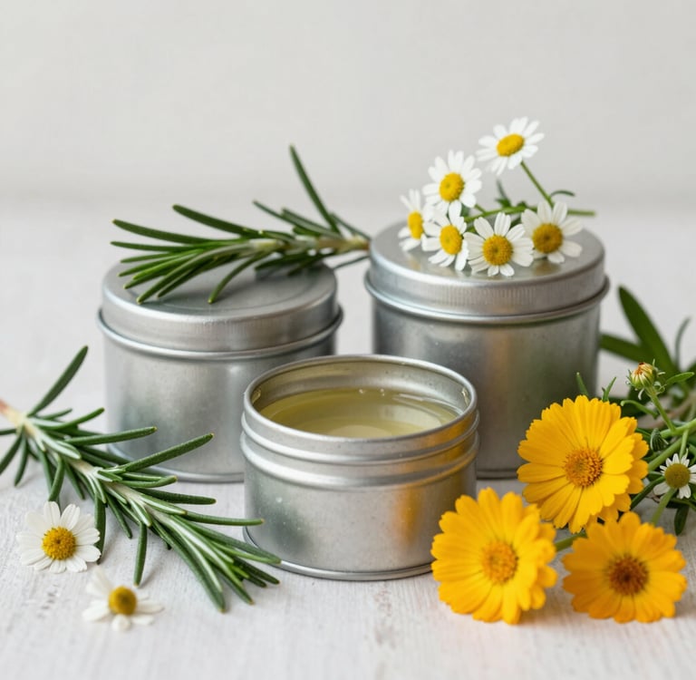 A serene arrangement of balm tins nestled among sprigs of rosemary, chamomile, and calendula flowers.