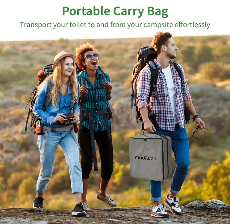 Campers carrying a dry flush toilet in a portable carrying bag.