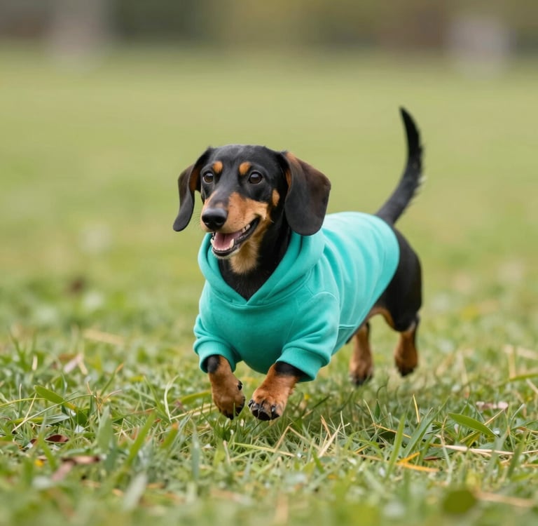 Un cachorro de perro salchicha negro y marrón, feliz y con una sudadera con capucha color turquesa