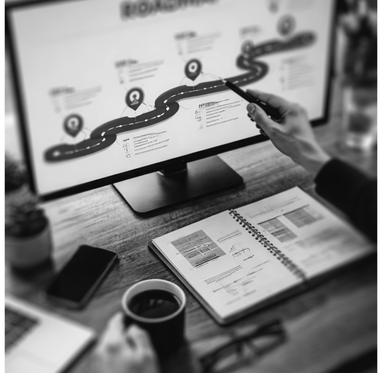 busy office wooden desktop with a computer screen showing a raodmap