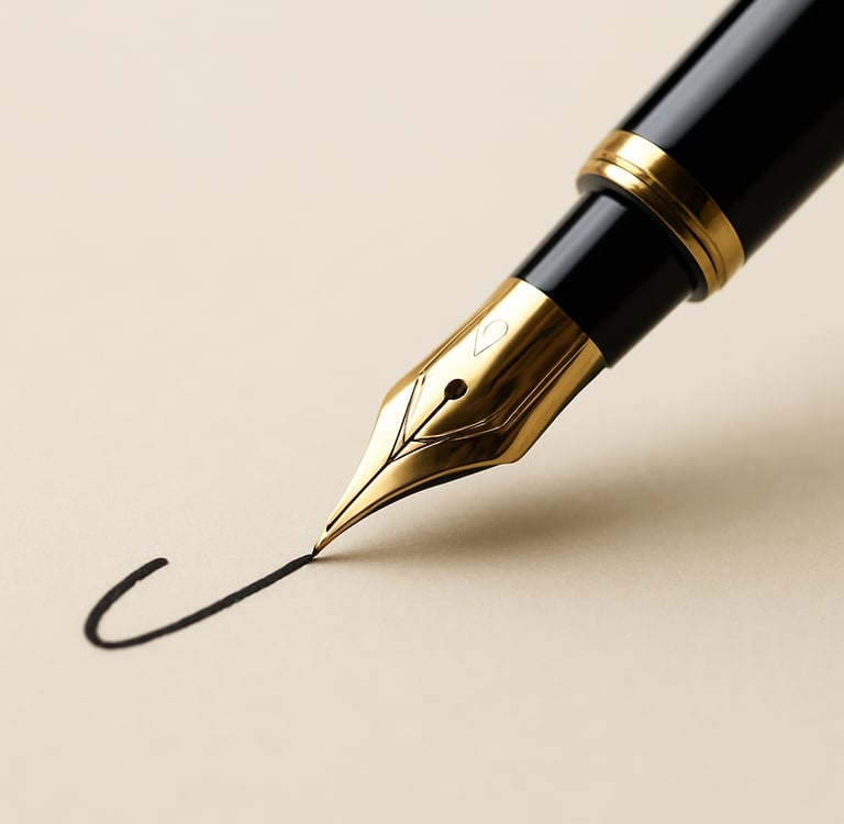 Elegant gold nib fountain pen writing a black ink flourish on cream textured paper.