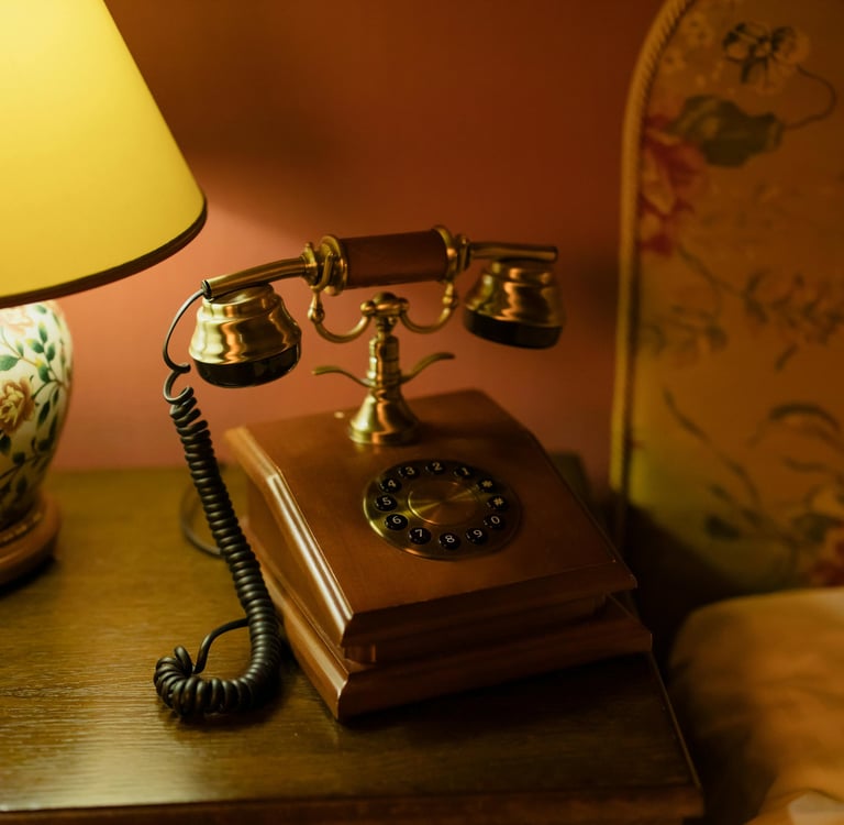 Vintage wood and brass telephone with circle dial and coiled black cable