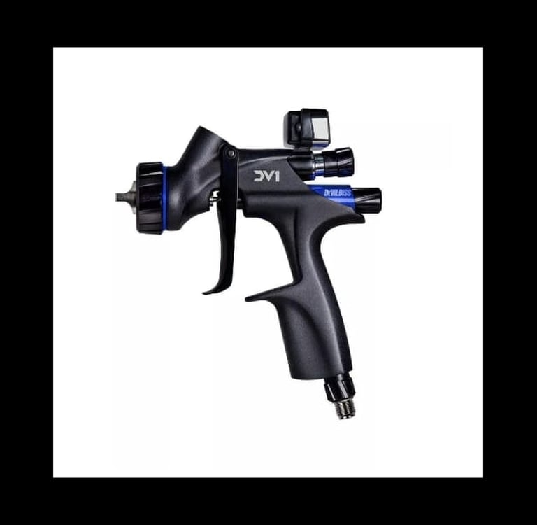 Professional DeVilbiss DV1 automotive spray gun with a matte black finish and digital gauge.