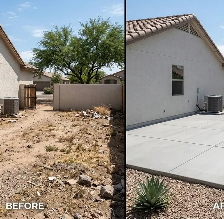 before-and-after split image: left side dusty uneven yard area, right side new clean concrete patio slab in Queen Creek, AZ