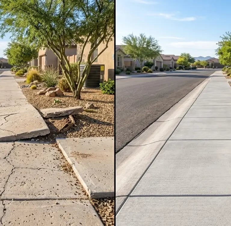 side-by-side comparison: left side cracked uneven sidewalk, right side newly replaced sidewalk in Queen Creek, AZ