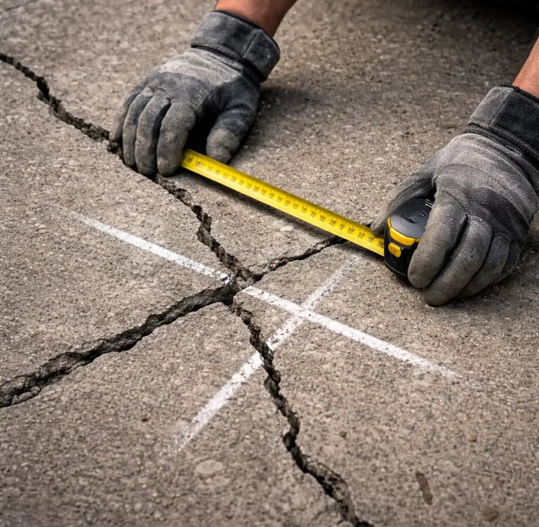 Contractor wearing gloves measuring a crack in a concrete slab with a tape measure and chalk inspection marks.
