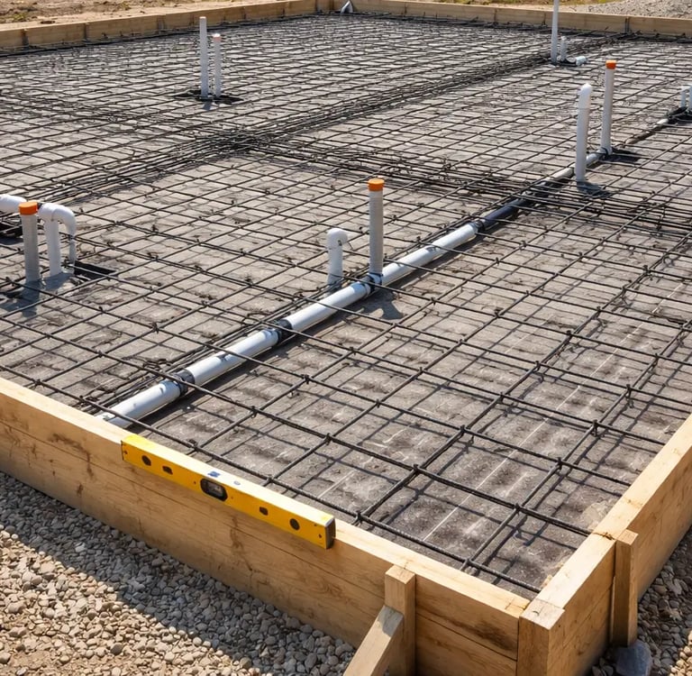 Slab foundation pre-pour with rebar grid, plumbing rough-ins, straight forms, and a level showing precise layout