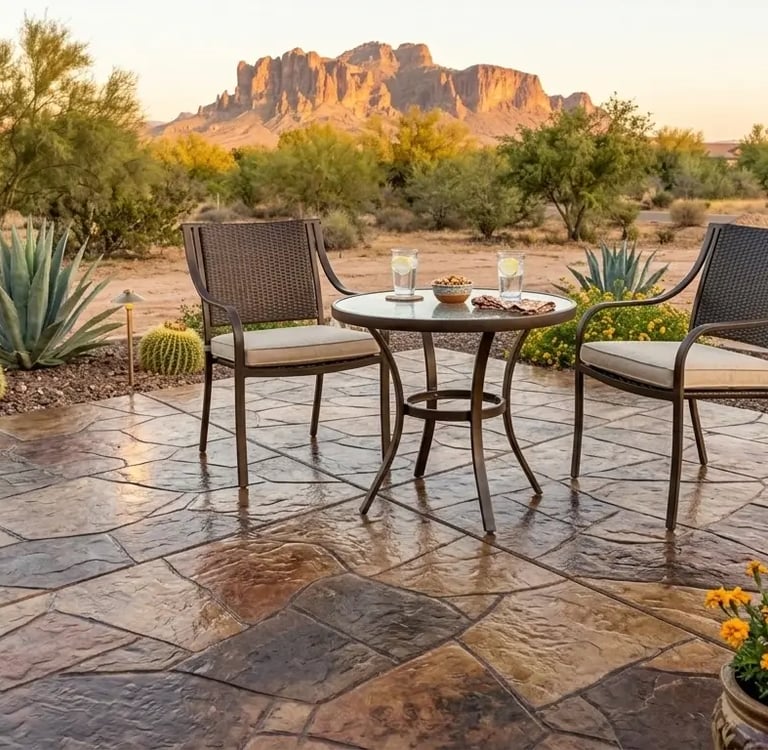 backyard stamped concrete patio in Queen Creek, Arizona, stone-like stamp pattern, warm earth-tone color