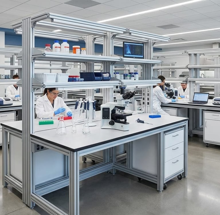 Scientists in white lab coats using microscopes and pipettes at modern research laboratory workstations.