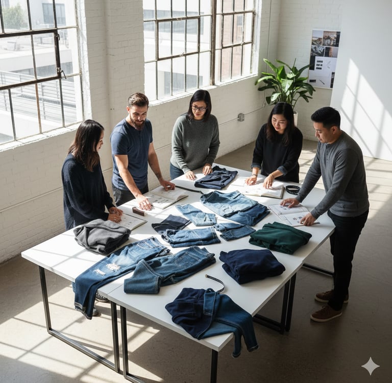 "Realistic flat lay of technical fabric swatches and textile certification documents on a designer's