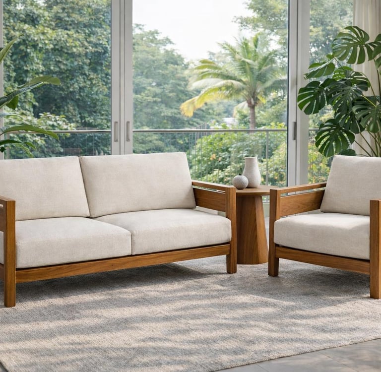 Modern mid-century wooden sofa and armchair with beige cushions in a bright living room with tropical plants.