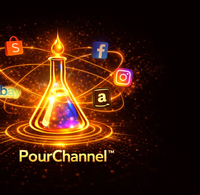 Pour Channel visual showing multiple ecommerce platforms connected to brand distribution