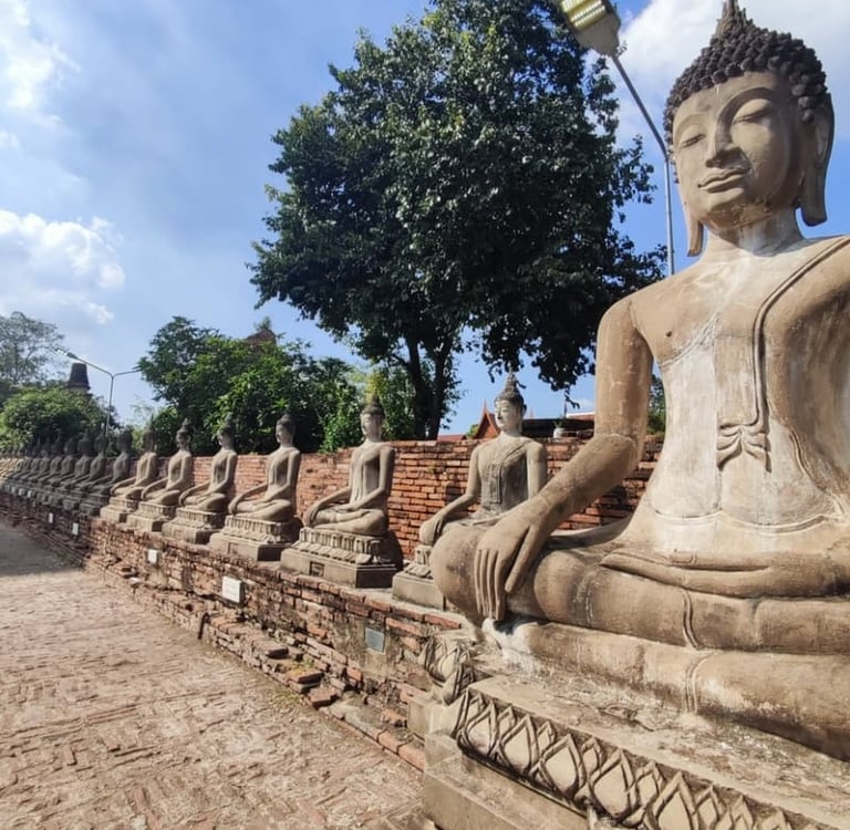 Eine Reihe antiker sitzender Buddha-Statuen aus Stein im Tempel Wat Yai Chai Mongkhon in Ayutthaya