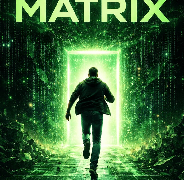 Mann läuft durch Binärcode zu grünem Portal Entkomme der Matrix.