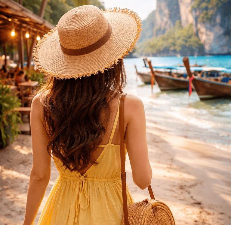 Frau in einem gelben Sommerkleid und Strohhut, die an einem tropischen Strand in Thailand