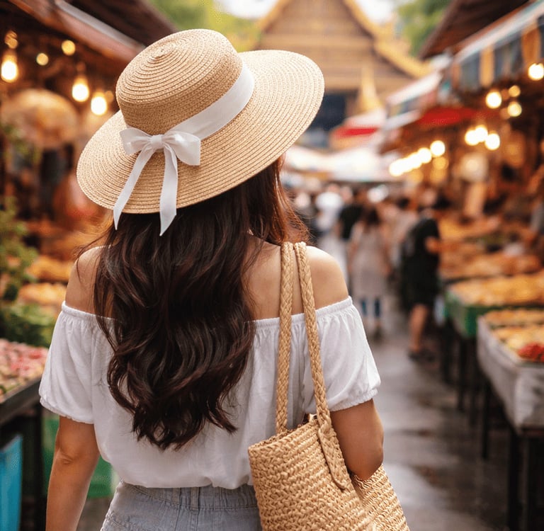 Eine Frau mit Strohhut und weißem Oberteil geht mit einer geflochtenen Tasche durch einen belebten