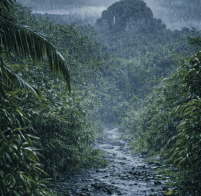 Starker Monsunregen über einem üppigen tropischen Dschungelpfad während der Regenzeit in Thailand