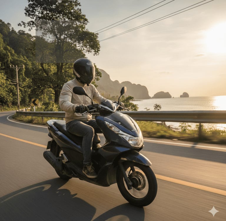 Eine Person fährt bei Sonnenuntergang mit einem Motorroller entlang einer malerischen Küstenstraße