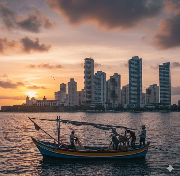 Traditionelles Fischerboot in der Bucht von Cartagena bei Sonnenuntergang mit moderner Skyline.