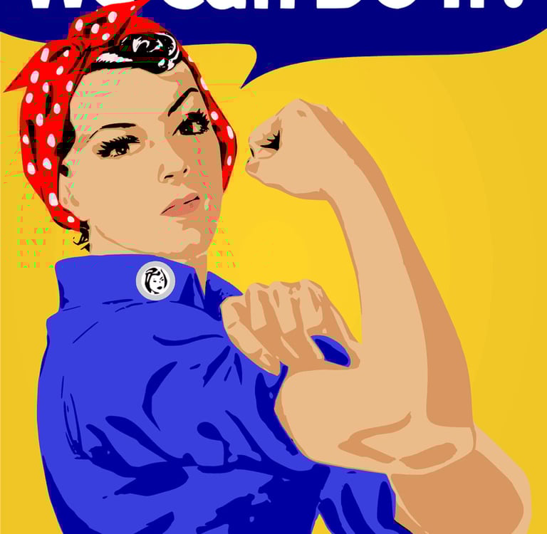 Das ikonische Rosie the Riveter-Poster zeigt eine Frau mit rotem Kopftuch, die mit dem Slogan