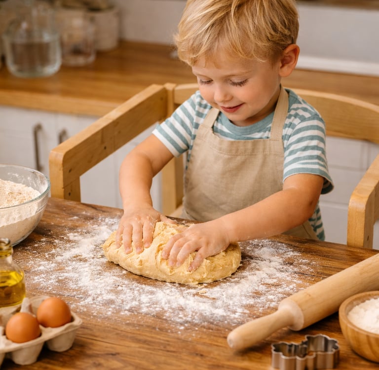 Bambino che impasta la pasta su una torre d’apprendimento, utilizzando strumenti da cucina.