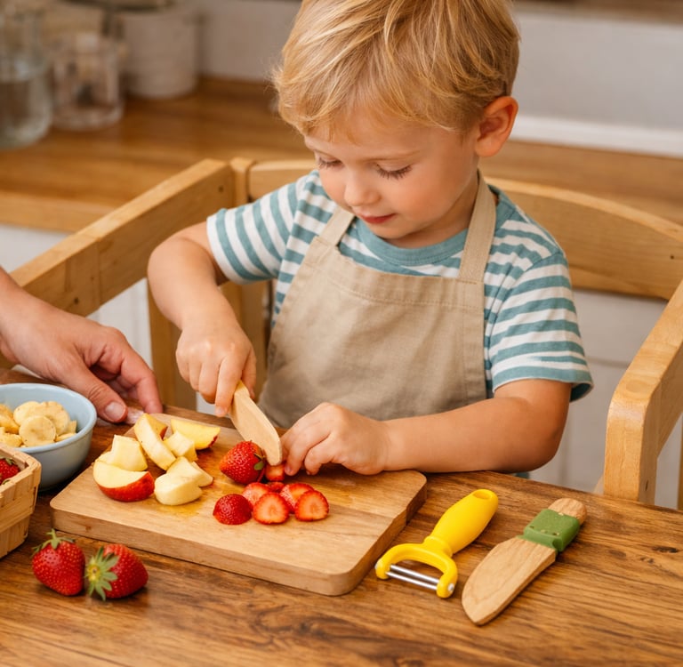 Bambino su una torre di apprendimento che taglia la frutta in cucina