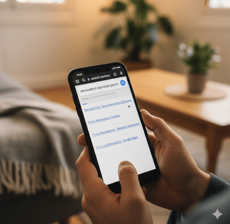 Pessoa pesquisando empresa de remodelações no Porto no Google
