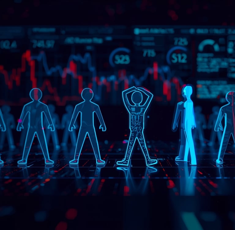 um grupo de pessoas em pé em frente a uma parede com luz azul