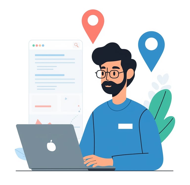 Um homem barbudo e de óculos sentado em frente a um laptop.