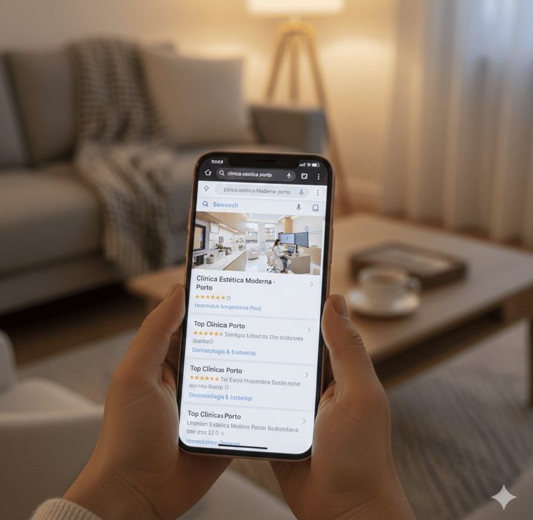 Paciente pesquisando clínica de estética no Porto no Google pelo celular