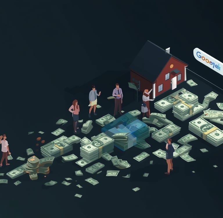 um grupo de pessoas em volta de uma casa com dinheiro