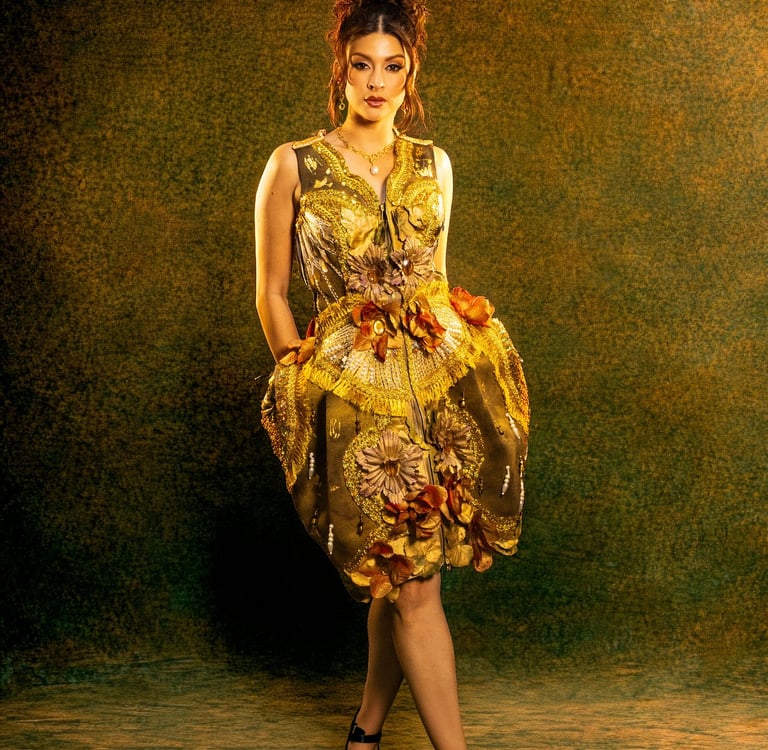 A woman poses in a structured gold couture dress with 3D floral accents and embroidery.