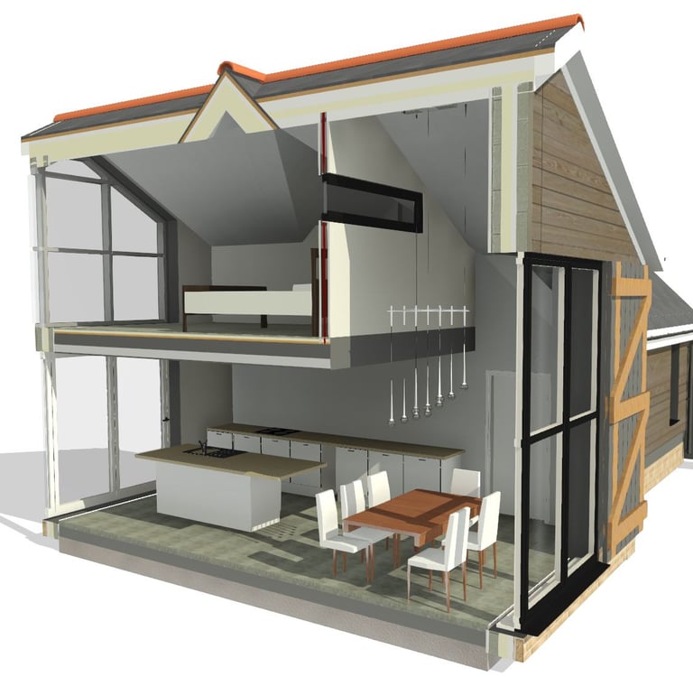 3D architectural cross-section of a modern house showing an open-plan kitchen and loft bedroom.