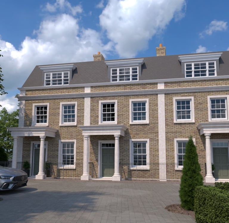 Luxury three-story brick townhouse with Georgian architecture, white columns. Residential
