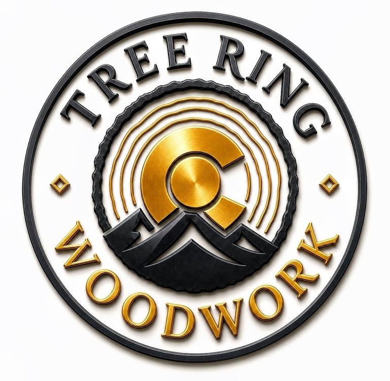 Tree Ring Woodwork logo featuring a golden tree ring and mountain peaks in a circular design.