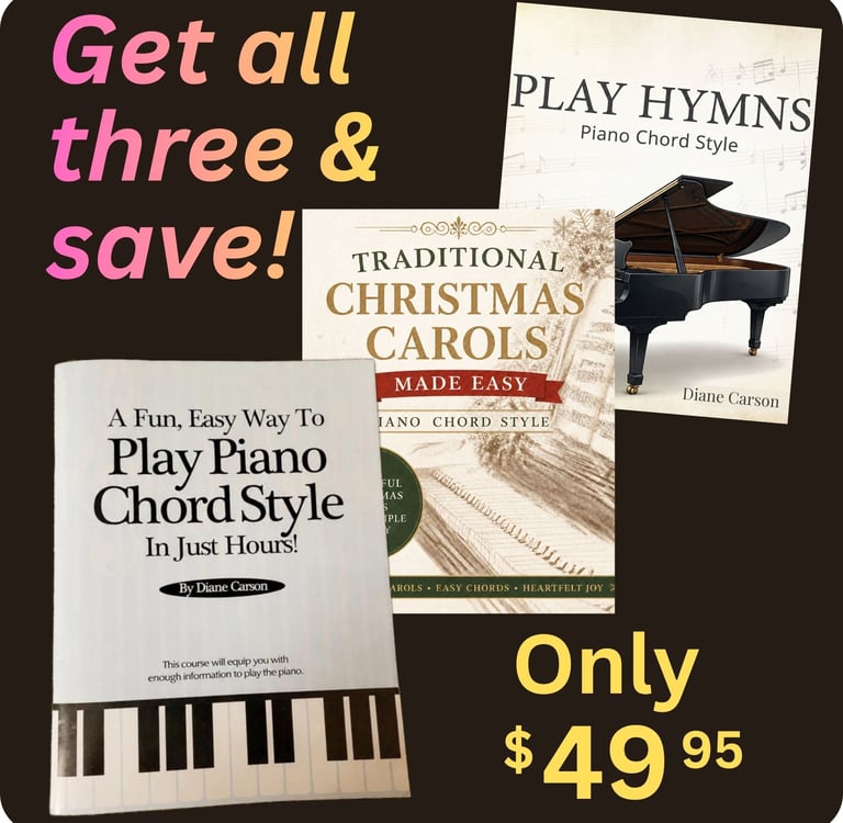 Set of three Piano Chord Style books for hymns, Christmas carols, and beginner Chord Style method.