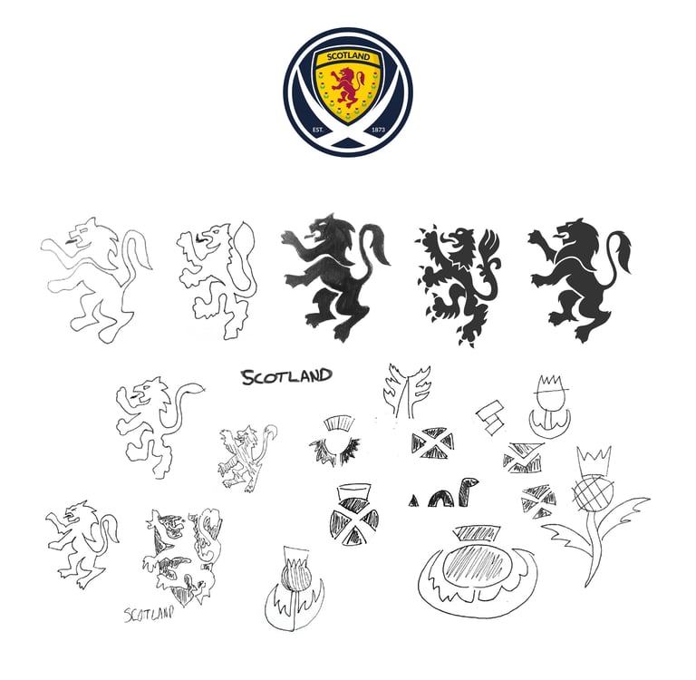 Scotland national football team badge development: various sketches of lion rampant and thistle emblems leading to the final