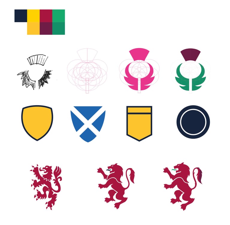 Graphic design set featuring heraldic lion icons, shield emblems, and thistle logo variations with a color palette.